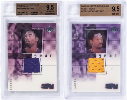 2000-01 UD Slam "Flight Gear" #s KB-G (Purple) and KB2-G (Yellow) Kobe Bryant Game Used Patch Cards BGS GEM MINT 9.5 Pair (2 Cards)